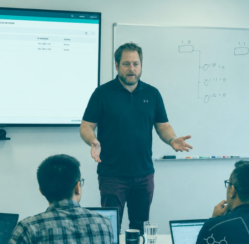 Training session covering a wireless DALI network diagram and zencontrol dashboard