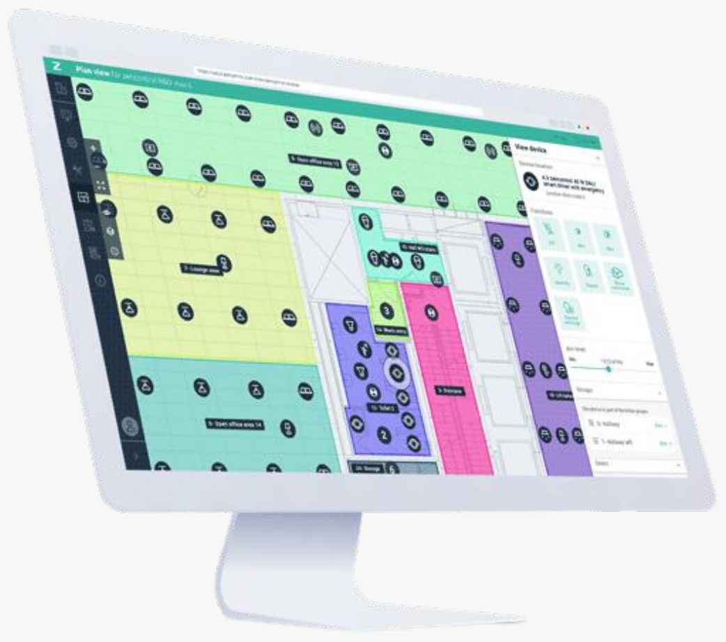 Planview dashboard showing a colour-coded floor plan of zoned lighting